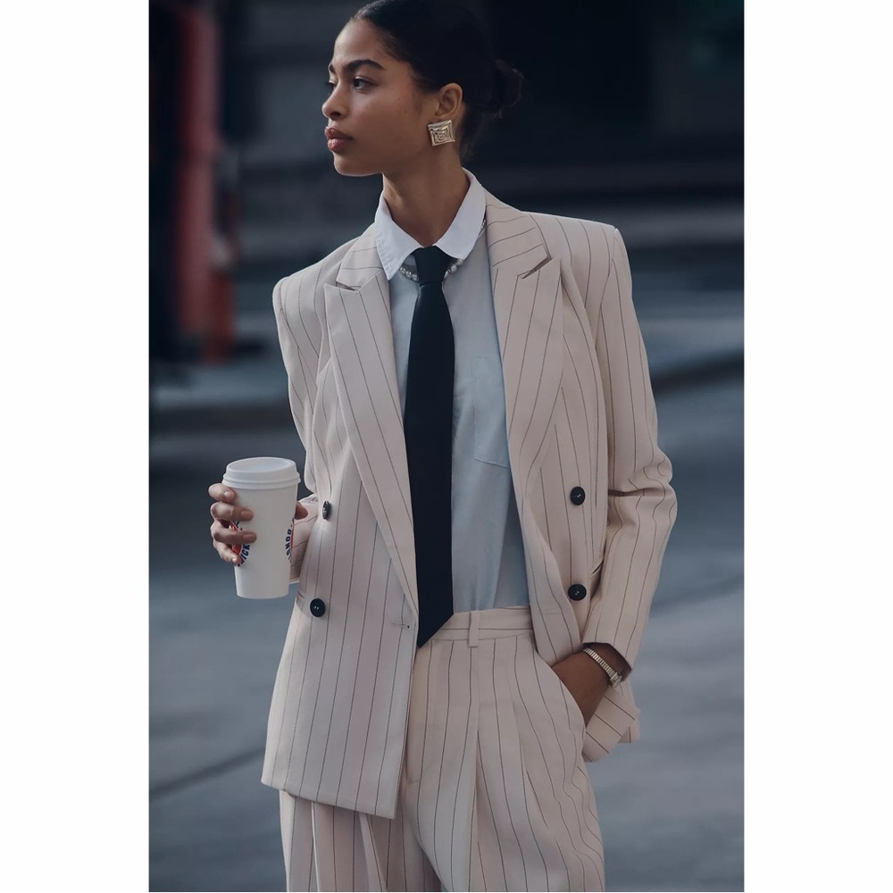 ANTHROPOLOGIE Maeve The Rue Oversized Pinstripe Blazer Small Ivory Chic NWT
